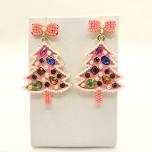 Christmas Holiday Beaded Pink Tree Earrings Festive Statement Style New